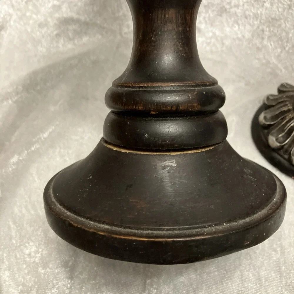 Lot of 2 Pillar Candle Holders, Red Ornate Glass Art Deco & Antiqued Brown Wood